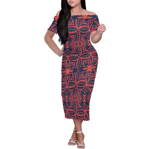 Robes Maxi imprimées de <span class=keywords><strong>tatouage</strong></span> tribal traditionnel polynésien robe à manches courtes d'été robe violette à épaules dénudées pour les femmes POD - Product Image 5
