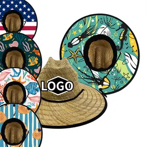 Chapéu de palha para homens jovens com logotipo personalizado, chapéu de palha para guarda-vidas, chapéu de palha para homens e mulheres, com desenho de praia e sol, logotipo personalizado