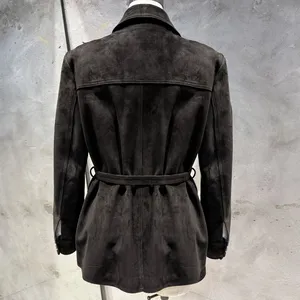 Veste en daim à simple boutonnage pour <span class=keywords><strong>femme</strong></span>, manteau en daim avec <span class=keywords><strong>ceinture</strong></span>, veste en daim <span class=keywords><strong>noire</strong></span> oversize pour <span class=keywords><strong>femme</strong></span> - Product Image 2