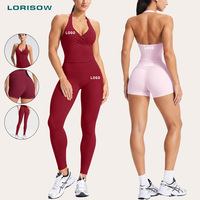 Pakaian Yoga Wanita LORISOW dengan Punggung Terbuka, Atasan Halter Neck, Celana Pendek Biker, Pakaian Olahraga, Produsen Label Pribadi, Set Kebugaran, Pesanan Grosir