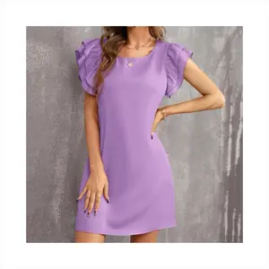 2024 New Style Summer Ruffle Sleeve U Neck Short Purple Elegant Dresses For Women