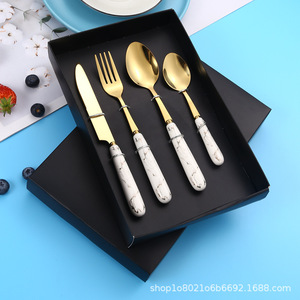 Ensemble de couteau, fourchette et cuillère en acier inoxydable avec manche en céramique, motif marbré, 4 pièces, couverts occidentaux durables, ensemble cadeau - Product Image 4