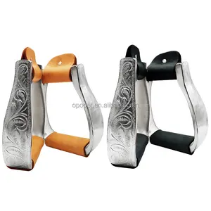 Horshi Engraved Western Stirrups Equestrian Supplies Aluminum Western Stirrups with Leather Wrapped