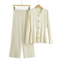 Ensemble tricoté chic et décontracté pour femme, collection automne-hiver, couleur unie, pull à volants et pantalon large, deux pièces