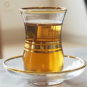 ถ้วยแก้วใสทรงดอกทิวลิปสีดำตุรกีถ้วยชาสีดำอาหรับเครื่องใช้แก้วขอบทองถ้วยกาแฟ