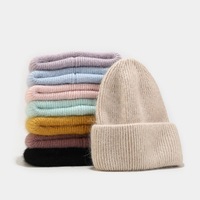 Bonnet en tricot d'angora côtelé à revers large plié, couleur unie, doux, chaud pour l'hiver, unisexe, pour le ski, vente en gros, approvisionnement en vrac
