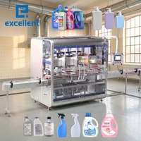 Chaîne de production linéaire pour le remplissage, le bouchage, l'étiquetage et l'emballage de shampoing, gel douche et produits de lavage, avec machine de remplissage à piston servo