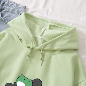 Sweat-shirt décontracté à capuche pour femme, motif grenouille mignonne, manches longues, en coton, vert, XXL - Product Image 4