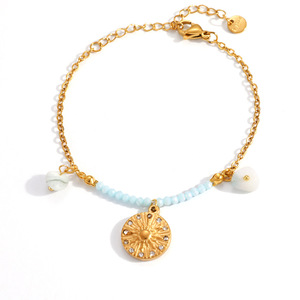 Stainless Steel Beaded Necklace With Natural Stone And Diamond Pendant Circle Sun <b>Design</b> Trip Fashion Jewelry - Product Image 5