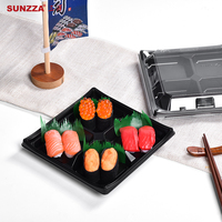 Sunzza SuShi Box Boîte d'emballage de fruits à emporter de qualité alimentaire PET 4 compartiments Plateau intérieur noir avec couvercle transparent séparé