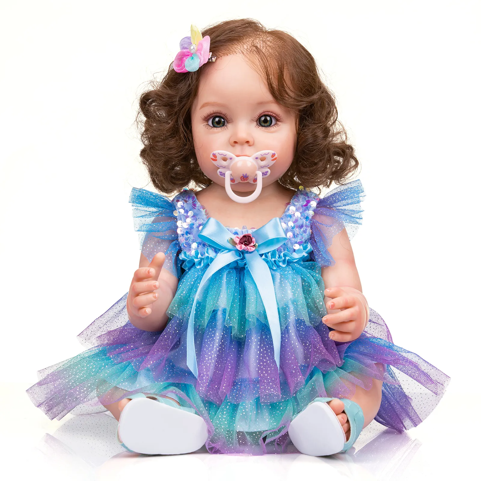 55cm toàn thân Silicone tái sinh bé gái công chúa với bức tranh chi tiết bằng tay và tóc nâu bắt nguồn hoàn hảo đồ chơi không thấm nước