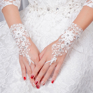 Mitaines de <span class=keywords><strong>mariage</strong></span> en dentelle <span class=keywords><strong>blanche</strong></span>, en Tulle cristal, sans doigts, manchette de poignet, fleur, pour mariée - Product Image 1