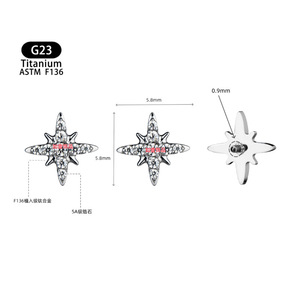 Boucles d'oreilles étoile en titane ASTM F136, entièrement serties de diamants, clous à quatre branches pour piercing du cartilage de l'oreille ou des lèvres - Product Image 4