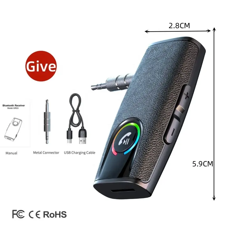 GR03 Wireless Audio 3.5mm Aux transmitter 5.3 Handsfree Call Car Kit 3d Music Adapter Stereo shenzhen bluetooth receiver For Car