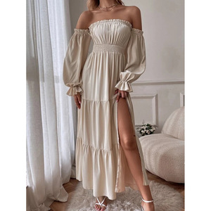 2025 nữ Boho sexy offshoulder dài tay áo smocked highwaist bên chia <span class=keywords><strong>flowy</strong></span> một dòng tieredlong Maxi Dress - Product Image 6