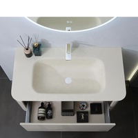Meuble-lavabo flottant en PVC style crème avec éclairage et vasque intégrée thermoformée sans joint pour hôtel, vente en gros