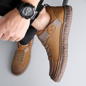 Chaussures décontractées en cuir rétro pour hommes, bout rond, semelle en caoutchouc antidérapante, style marche - Product Image 2