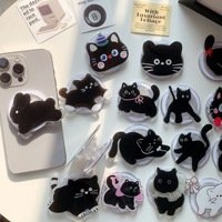 Support de téléphone portable rétractable en plastique magnétique en acrylique noir motif chat de dessin animé, accessoires portables pour iPhone