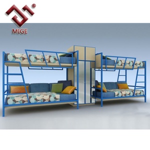 Lits superposés scolaires robustes en bois vert et métal jaune - Product Image 4