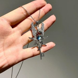 欧美复古月光石天使翅膀吊坠项链时尚简约潮流男女项链配饰 - Product Image 3