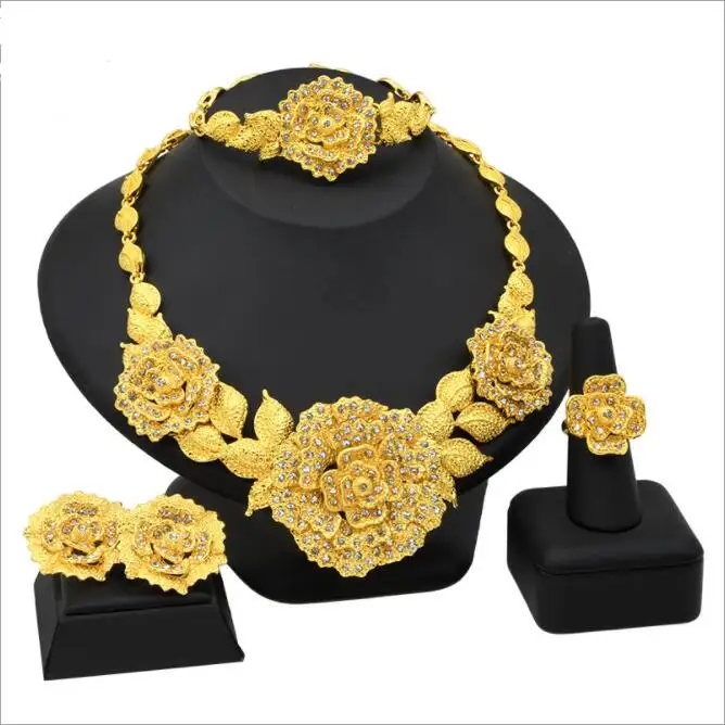 african gold wedding jewelry sets indian bridal flower statement necklace earrings ring bracelets jewelry sets
