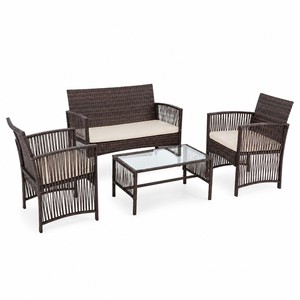 Set di Mobili da Giardino Moderni in Rattan, Divano e Poltrone in Vimini PE con Tavolo in Vetro per Bordo Piscina - Product Image 2