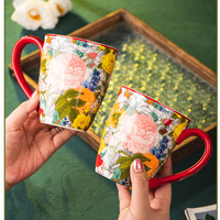 Tasse en céramique motif floral avec bord rouge, exquise pour le petit-déjeuner, idéale pour la maison et le bureau, pour le thé et le café au quotidien