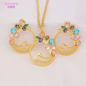 SUNNICE Set perhiasan warna-warni logam campuran tembaga CZ mewah Perancis Set liontin anting pertunangan pesta terbaru berlapis emas 18k