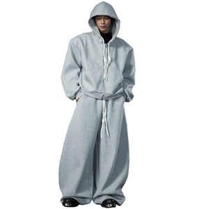 Chándal gris con capucha para hombre, largo completo, holgado, oversize, informal, de color liso, con cierre de cordón, para otoño - Product Image 1