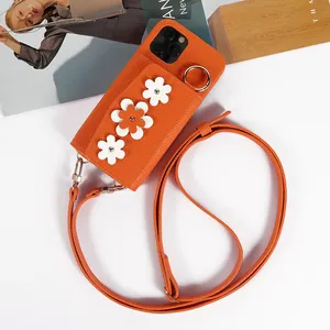 Luxury crossbody card slot wallet make up mirror Girls phone case for iPhone S22 23 any models with DIY flower design