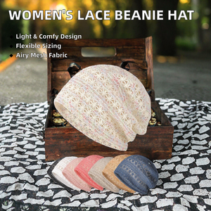 Gorro de punto elástico ligero de estilo japonés para mujer, de una sola capa, con encaje de ganchillo, transpirable, de malla hueca, estilo holgado. - Product Image 2
