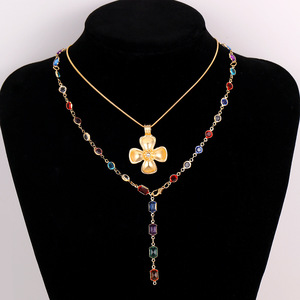 奢华y型彩色水钻花项链配个性化分层长链流苏项链2件套 - Product Image 6