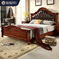 Lit en bois massif de style américain avec sommier à lattes en cuir véritable, démontable, capitonné, style colonne romaine pour chambre à coucher