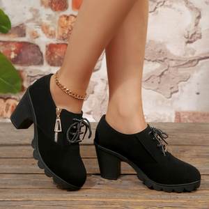 Chaussures pour femmes, bottes à talons hauts, nouvelle collection automne, 915, talons épais, bottes courtes, bout rond, lacets, bottes pour femmes - Product Image 4