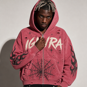 <span class=keywords><strong>Felpa</strong></span> con cappuccio da uomo oversize con zip, lavaggio acido rosso, stampa lettere effetto pennello, stampa ragnatela, stampa fiamma sulle maniche, effetto distressed, stampa stelle, stile streetwear - Product Image 1