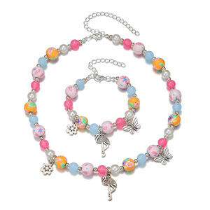 Pendentif de fleur de papillon de flamant rose pour enfants, Bracelet collier de poterie douce, <span class=keywords><strong>boule</strong></span> de perles, ensemble de collier - Product Image 4
