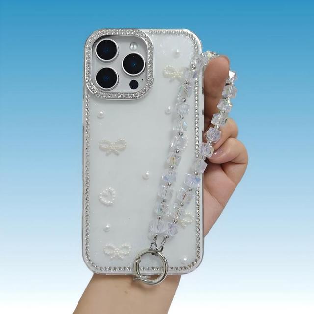 Bling Diamond Rhinestone Glitter 3d Pearl Bowknot Phone Case for iPhone 16 15 14 13 12 11 Pro Max With Lanyard Protective Cover
