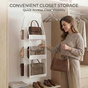 Handbag Hanging Organizer Foldable 6-<b>Pocket</b> Clear Windows Side Slots <b>Plastic</b> Home Closet Storage Shelves White - Product Image 3