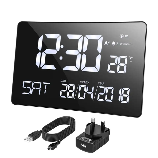 LED 11 Inch Large Letter Display Time Week Calendar and Temperature with Adjustable Brightness Digital Living Room Clock