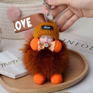 Porte-clés mignon en fourrure de renard véritable avec pompon pour femme, pendentif pour sac, accessoires de clés de voiture, cadeau pour fille, poupée en peluche, porte-clés de couple - Product Image 3