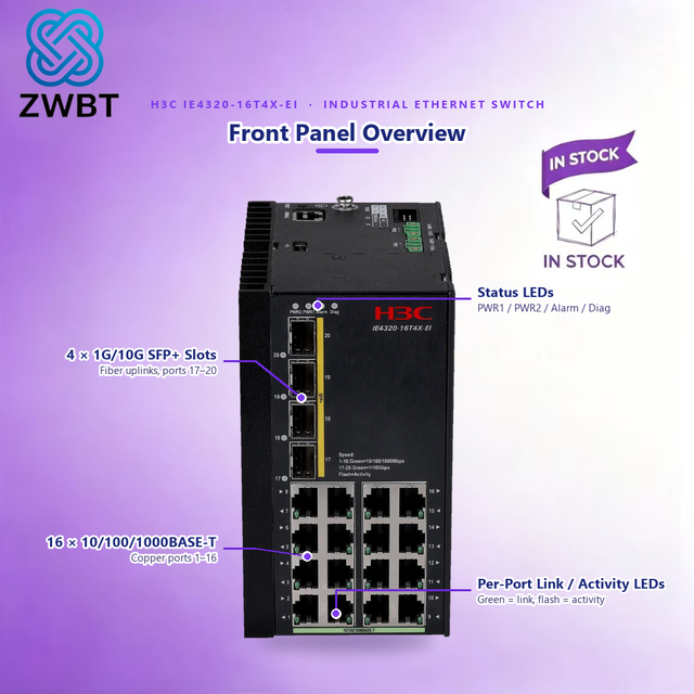 H3C IE4320-16T4X-EI Series Industrial Ethernet Switches 20-Port 10/100/1000Mbps Full-Duplex Half-Duplex VLAN Support 128Gbps