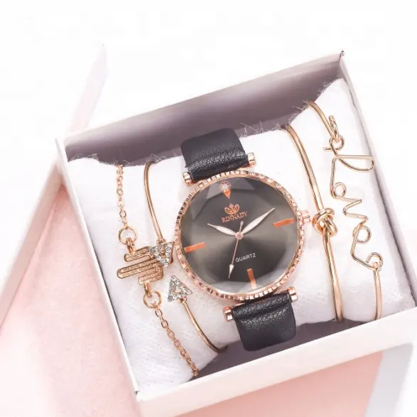 Set jam tangan kulit Analog wanita, Set arloji kulit gelang Quartz Reloj Mujer 5 buah untuk wanita