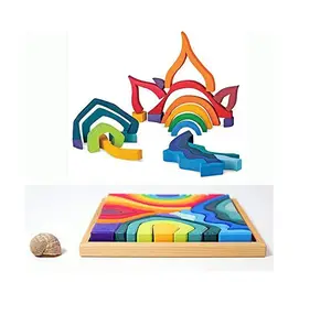 蒙特梭利木制堆叠玩具几何建筑拼图套装，适用于幼儿，包括火山/房屋教育模型