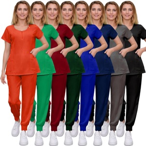 Women Hospital Scrubs Uniform Set Short Sleeve Elastic Waist Moisture Wicking Knitted Split Set For Medical Workwear - Product Image 1
