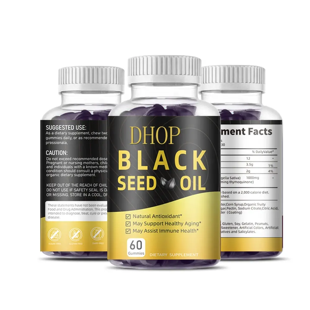 Gomitas de aceite de semilla negra orgánica OEM, gomitas de semilla de comino negro vegetariano prensadas en frío para aceite Sativa, soporte antioxidante