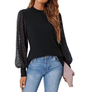 Womens Dressy Sweater Mock Neck <b>Lantern</b> Sleeve Lace Hollow Out Elegant Pullover Business Casual Top - Product Image 1