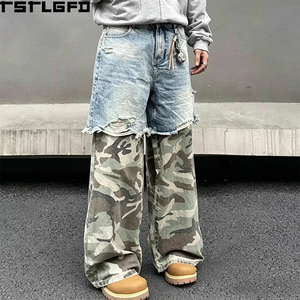Jeans déchirés à panneaux personnalisés, coupe large, délavé clair, camouflage Woodland, style streetwear, denim baggy, vente en gros - Product Image 3