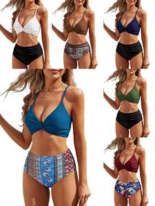 Traje de baño personalizado Hardware Pvd Halter cintura alta dos piezas traje de baño Color sólido Bikini mujeres cubrir Paca De Traje Bano <span class=keywords><strong>Shei</strong></span> - Product Image 6