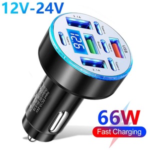 ที่ชาร์จในรถยนต์ 66W 6 พอร์ต USB PD ชาร์จเร็ว พร้อมหน้าจอแสดงผลดิจิตอล อะแดปเตอร์ Type-C USB-A สำหรับโทรศัพท์มือถือ - Product Image 1