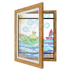 儿童艺术品相框可更换黑色木质粉色蓝色，带防碎玻璃儿童艺术品相框